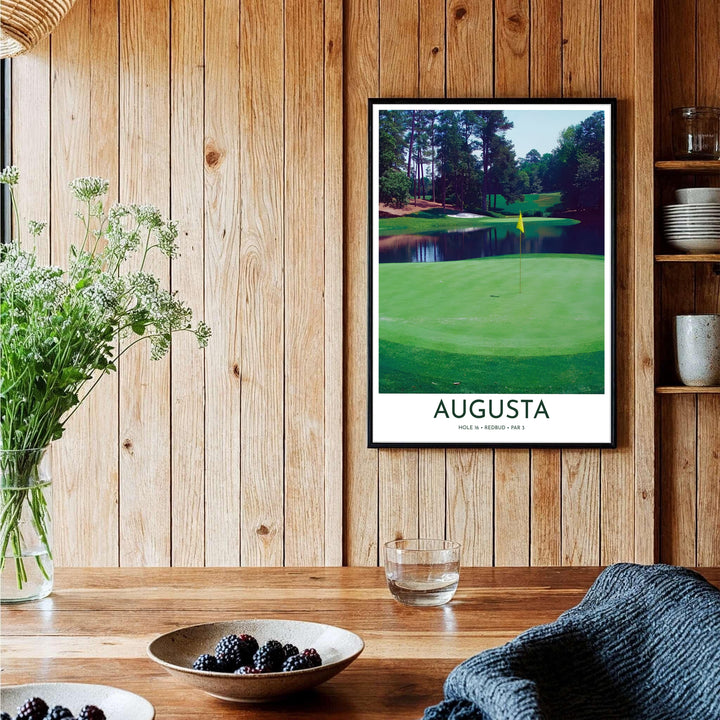 Augusta Georgia Masters golf wall decor featuring a realistic photographic perspective of Hole 16 Redbud, yellow flag, and background sand hazard. Offered by MapYourDreams, this artwork is available in flexible options including unframed paper, custom wooden frames, and gallery canvas wraps for tailored home wall decor setups.