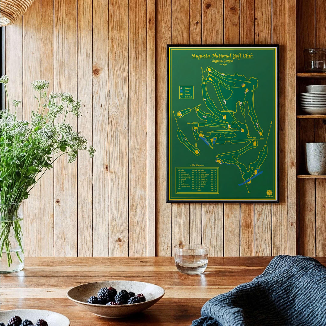 Elegant golf course canvas decor depicting the full 18-hole blueprint of Augusta Georgia in traditional green and gold championship colors. Offered by MapYourDreams, this artwork is available in flexible options including unframed paper, custom wooden frames, and gallery canvas wraps for tailored home wall decor setups.