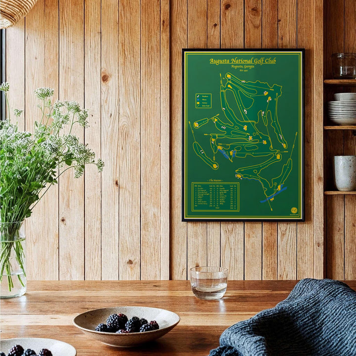 Elegant golf course canvas decor depicting the full 18-hole blueprint of Augusta Georgia in traditional green and gold championship colors. Offered by MapYourDreams, this artwork is available in flexible options including unframed paper, custom wooden frames, and gallery canvas wraps for tailored home wall decor setups.