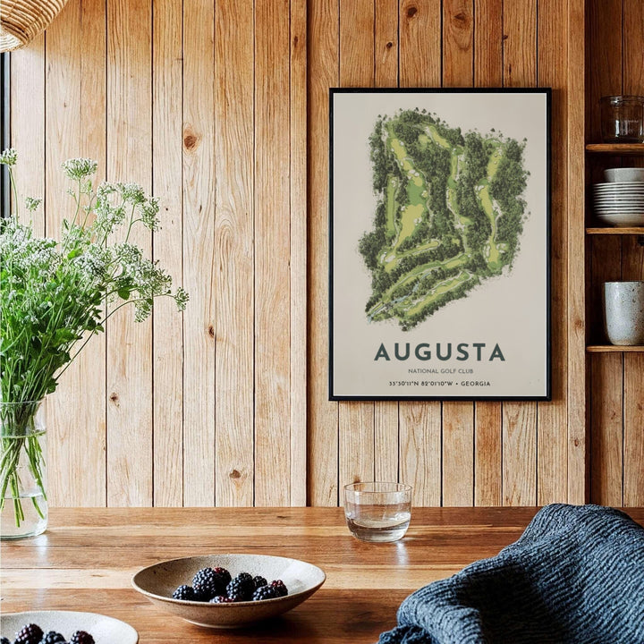Augusta Georgia Masters aerial golf wall decor featuring an organic top-down view of all 18 fairways floating against a muted off-white background. Offered by MapYourDreams, this artwork is available in flexible options including unframed paper, custom wooden frames, and gallery canvas wraps for tailored home wall decor setups.