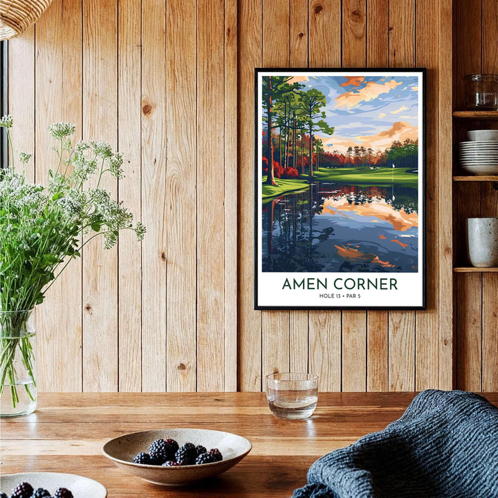 Augusta Georgia Masters golf wall decor displaying a breathtaking sunset scene over Amen Corner with detailed pine tree silhouettes and water reflections. Offered by MapYourDreams, this artwork is available in flexible options including unframed paper, custom wooden frames, and gallery canvas wraps for tailored home wall decor setups.