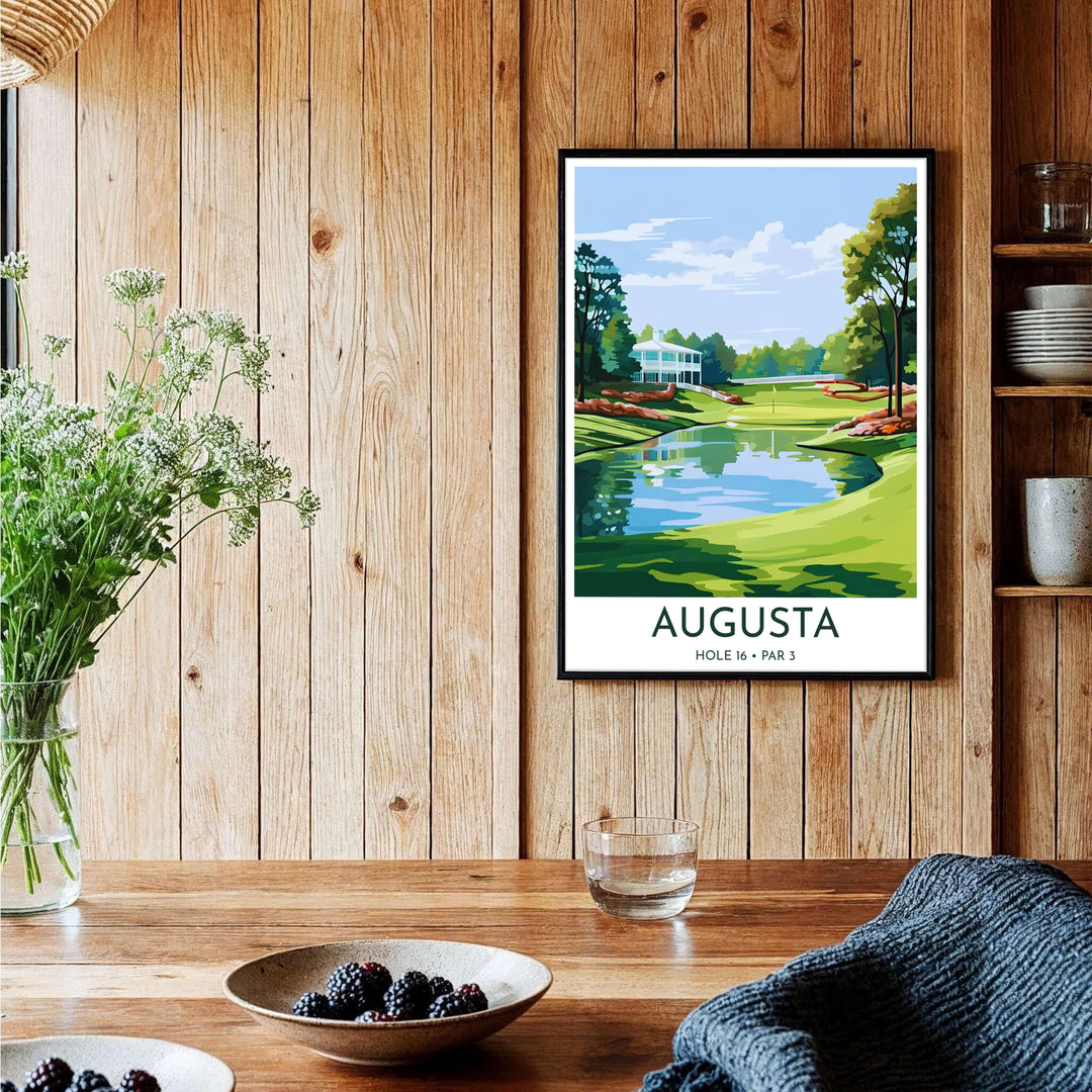 Augusta Georgia Masters golf wall decor featuring an expansive view of the Hole 16 Par 3 water hazard, flagstick, and background timber line. Offered by MapYourDreams, this artwork is available in flexible options including unframed paper, custom wooden frames, and gallery canvas wraps for tailored home wall decor setups.