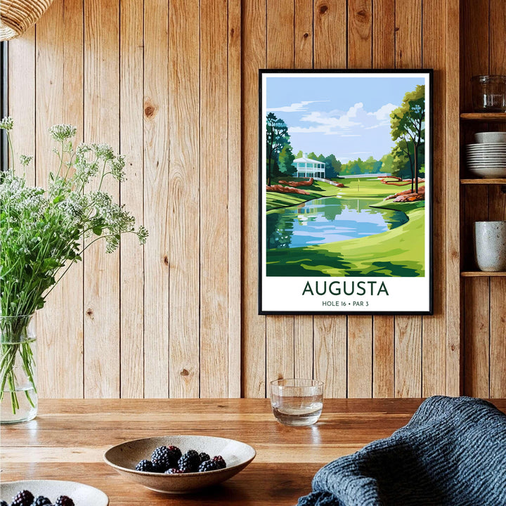 Augusta Georgia Masters golf wall decor featuring an expansive view of the Hole 16 Par 3 water hazard, flagstick, and background timber line. Offered by MapYourDreams, this artwork is available in flexible options including unframed paper, custom wooden frames, and gallery canvas wraps for tailored home wall decor setups.