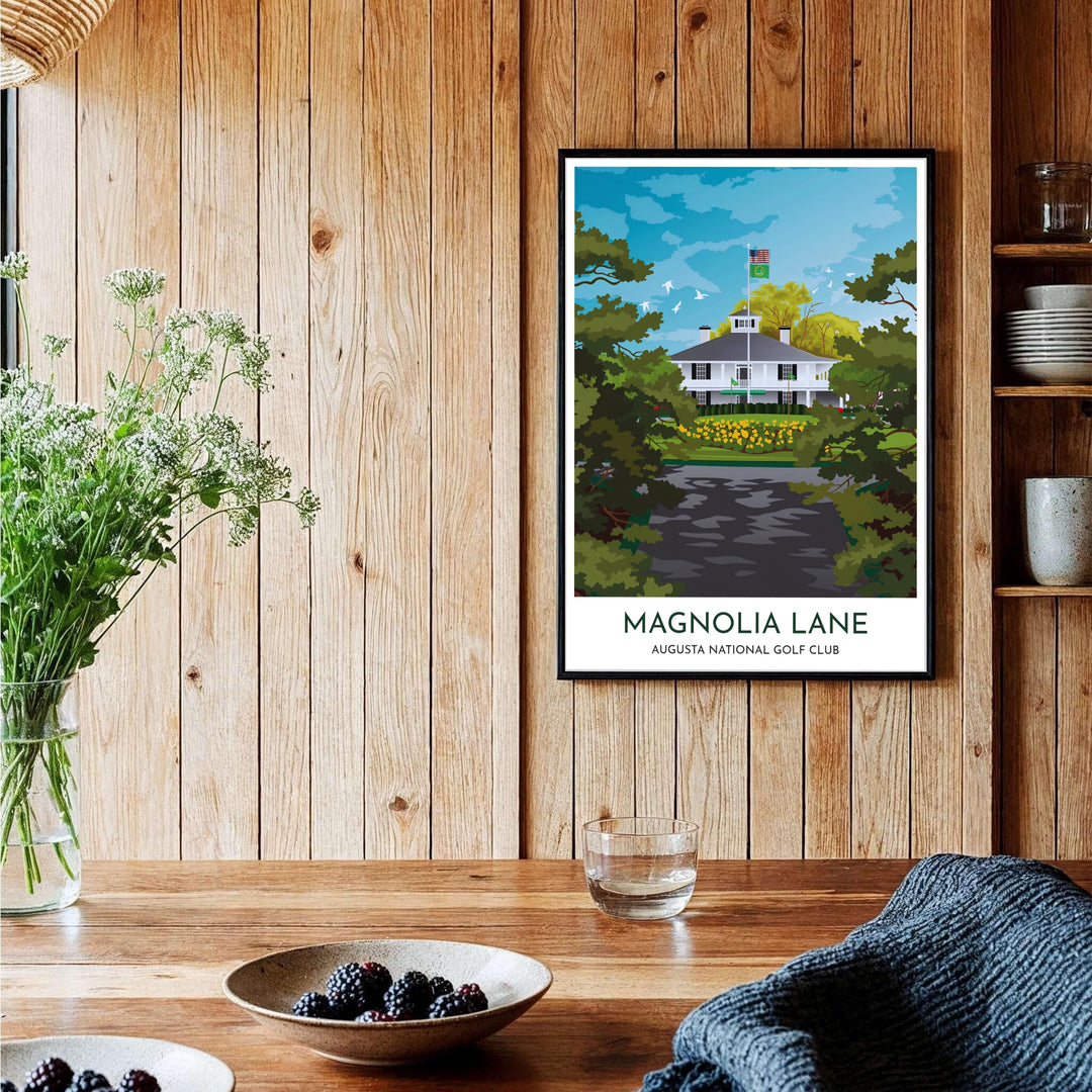 Augusta Georgia Masters golf wall decor featuring an inviting perspective down Magnolia Lane toward Founders Circle and the iconic clubhouse cupola. Offered by MapYourDreams, this artwork is available in flexible options including unframed paper, custom wooden frames, and gallery canvas wraps for tailored home wall decor setups.