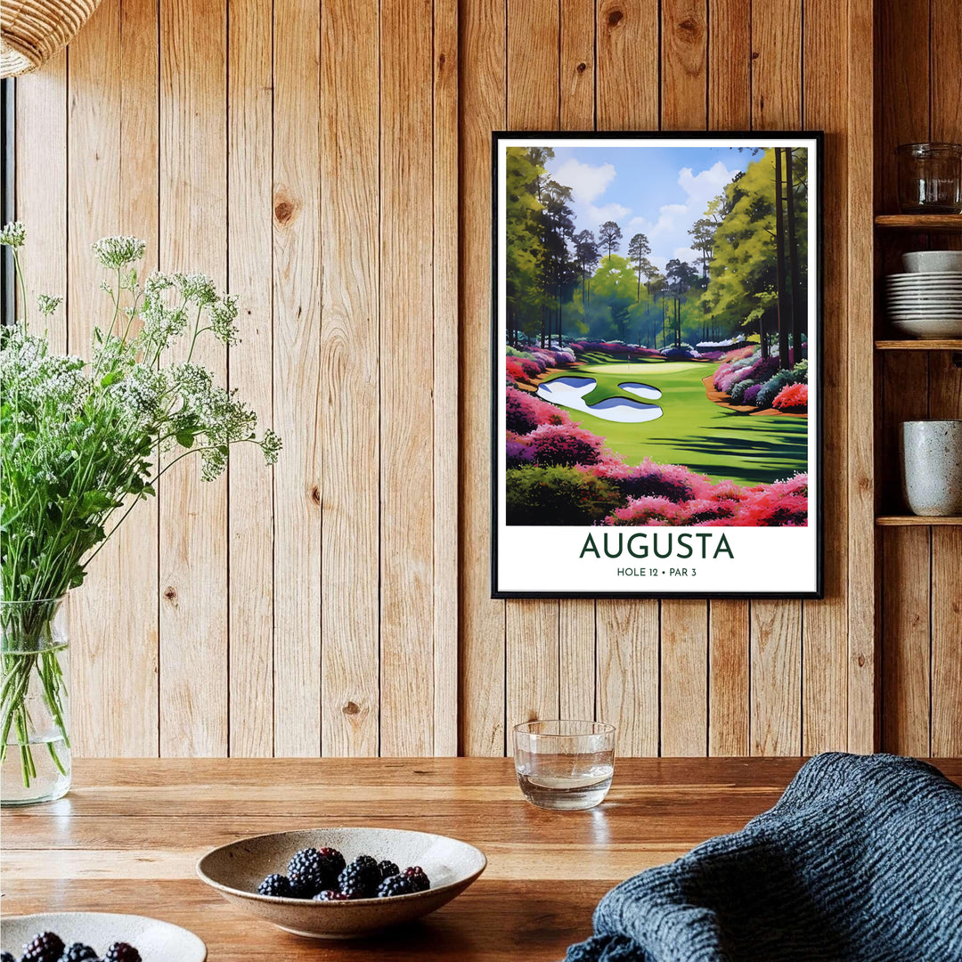 Augusta Georgia Masters golf wall decor featuring an expansive view of the Hole 12 Par 3 green, white sand traps, and surrounding azalea hillside. Offered by MapYourDreams, this artwork is available in flexible options including unframed paper, custom wooden frames, and gallery canvas wraps for tailored home wall decor setups.