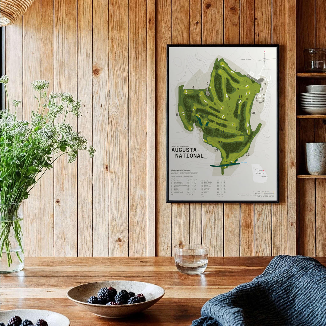 Stylized course blueprint poster of Augusta National Golf Club in Georgia with olive green fairways, dark forest tree lines, and off-white background detailing. Offered by MapYourDreams, this artwork is available in flexible options including unframed paper, custom wooden frames, and gallery canvas wraps.