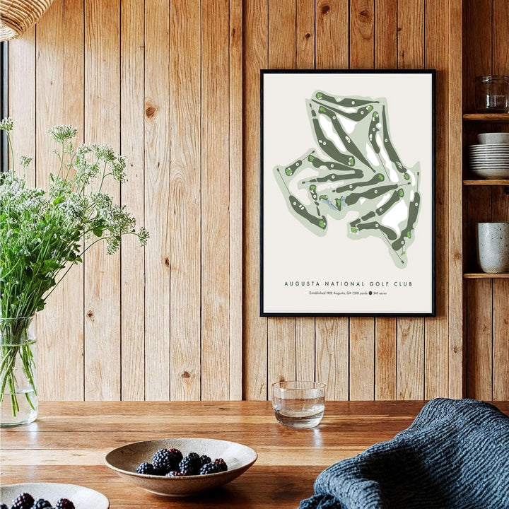 Abstract geographic layout poster of Augusta National Golf Club featuring clean green fairway silhouettes, white sand bunker accents, and precise typography. Offered by MapYourDreams, this artwork is available in flexible options including unframed paper, custom wooden frames, and gallery canvas wraps.
