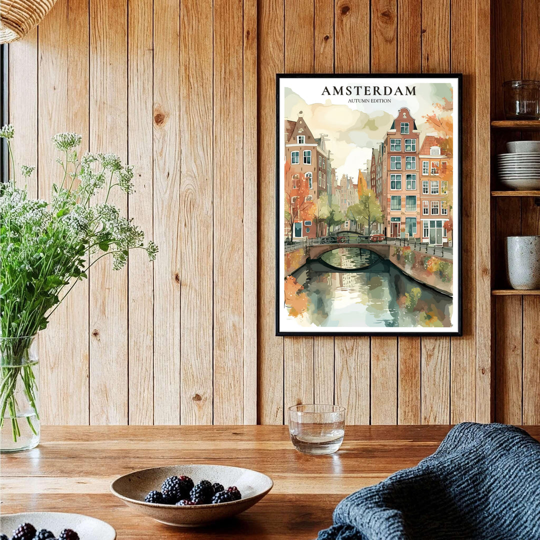 Fall foliage watercolor print showing glowing orange trees and traditional Dutch architecture over an Amsterdam canal, presented by MapYourDreams with product choices including unframed paper prints, gallery canvas, or custom frame finishes in natural wood, gold, and bronze.