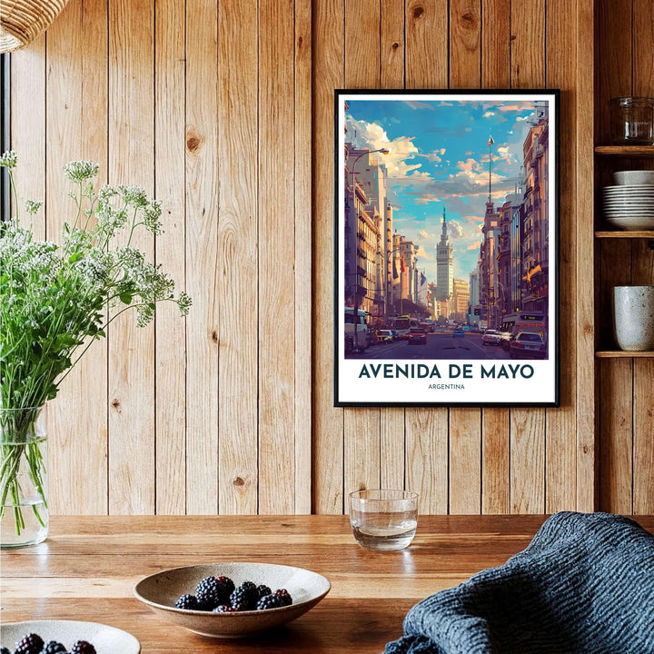 Fine art print of Avenida de Mayo in Buenos Aires highlighting golden hour light reflecting off historic building facades. Made by MapYourDreams, this piece can be purchased as an unframed print, mounted in solid wooden frames, or rendered on gallery canvas.