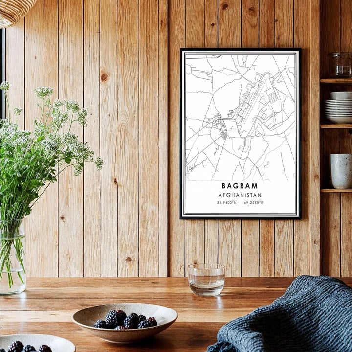 Elegant cartography poster of Bagram Afghanistan featuring clean geographic vector lines and modern sans serif typography, provided by MapYourDreams as an unframed print, ready to hang gallery canvas, or custom framed art print in pure gold frames for executive desk setups and study rooms.