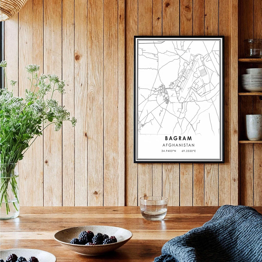 Elegant cartography poster of Bagram Afghanistan featuring clean geographic vector lines and modern sans serif typography, provided by MapYourDreams as an unframed print, ready to hang gallery canvas, or custom framed art print in pure gold frames for executive desk setups and study rooms.