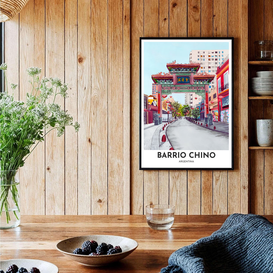 Detailed watercolor travel illustration of the famous Belgrano Chinatown archway set against modern apartment buildings in Buenos Aires. Brought to you by MapYourDreams, this item can be ordered on archival paper, in custom wooden frames, or wrapped on canvas.