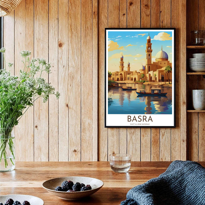 Artistic travel print of historic Basra Iraq showing palm trees, river reflections, and grand minarets at golden hour. Curated by MapYourDreams, this artwork is available in flexible options including unframed paper, custom wooden frames, and gallery canvas wraps tailored for interior design.