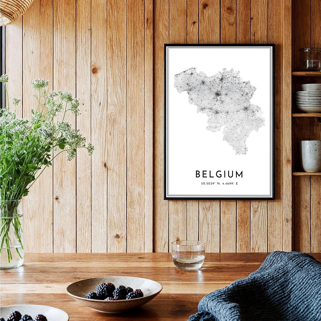 A modern travel print illustrating the national road web of Belgium with elegant bottom typography and geographic markers. Offered by MapYourDreams, this artwork is available in flexible options including unframed paper, custom wooden frames, and gallery canvas wraps.