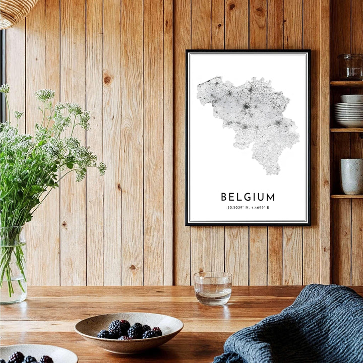 A modern travel print illustrating the national road web of Belgium with elegant bottom typography and geographic markers. Offered by MapYourDreams, this artwork is available in flexible options including unframed paper, custom wooden frames, and gallery canvas wraps.