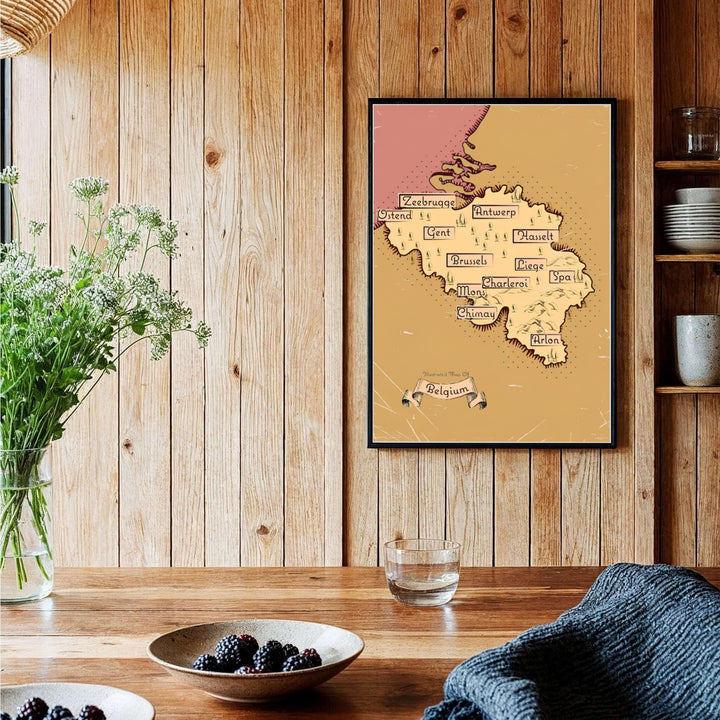 A rustic cartographic art print illustrating the country of Belgium with antique lettering, ribbon banners, and landscape graphics. Offered by MapYourDreams, this artwork is available in flexible options including unframed paper, custom wooden frames, and gallery canvas wraps.