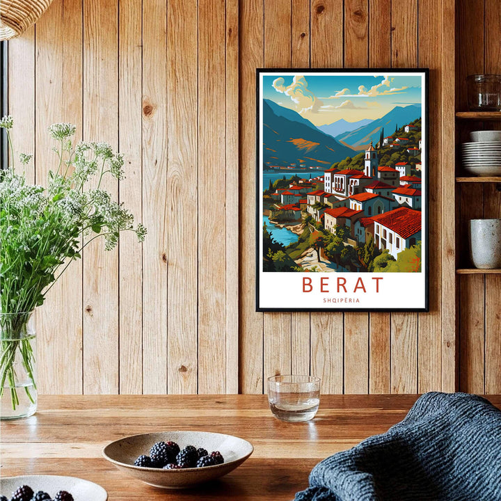 Vibrant landscape travel print depicting Berat Albania, perfect for art collectors, travel lovers, and architectural fine art collection displays. Offered by MapYourDreams, this artwork is available in flexible options including unframed paper, custom wooden frames, and gallery canvas wraps.