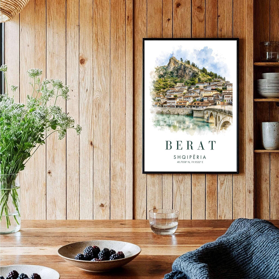 Vibrant landscape watercolor print depicting Gorica Bridge and Berat Castle, perfect for art collectors, travel lovers, and architectural displays. Offered by MapYourDreams, this artwork is available in flexible options including unframed paper, custom wooden frames, and gallery canvas wraps.