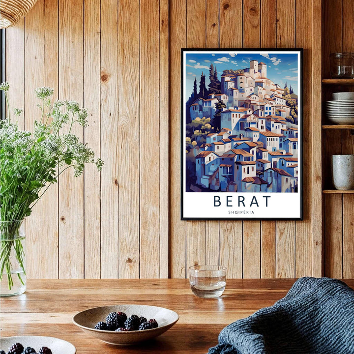 Sophisticated Albania travel art print in vivid cerulean blue and terracotta red, bringing Balkan heritage and European architectural charm into your home. Offered by MapYourDreams, this artwork is available in flexible options including unframed paper, custom wooden frames, and gallery canvas wraps.