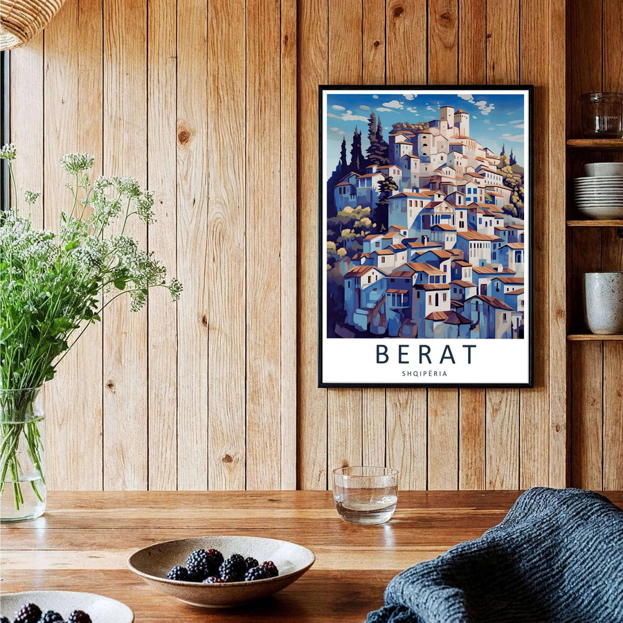 Sophisticated Albania travel art print in vivid cerulean blue and terracotta red, bringing Balkan heritage and European architectural charm into your home. Offered by MapYourDreams, this artwork is available in flexible options including unframed paper, custom wooden frames, and gallery canvas wraps.