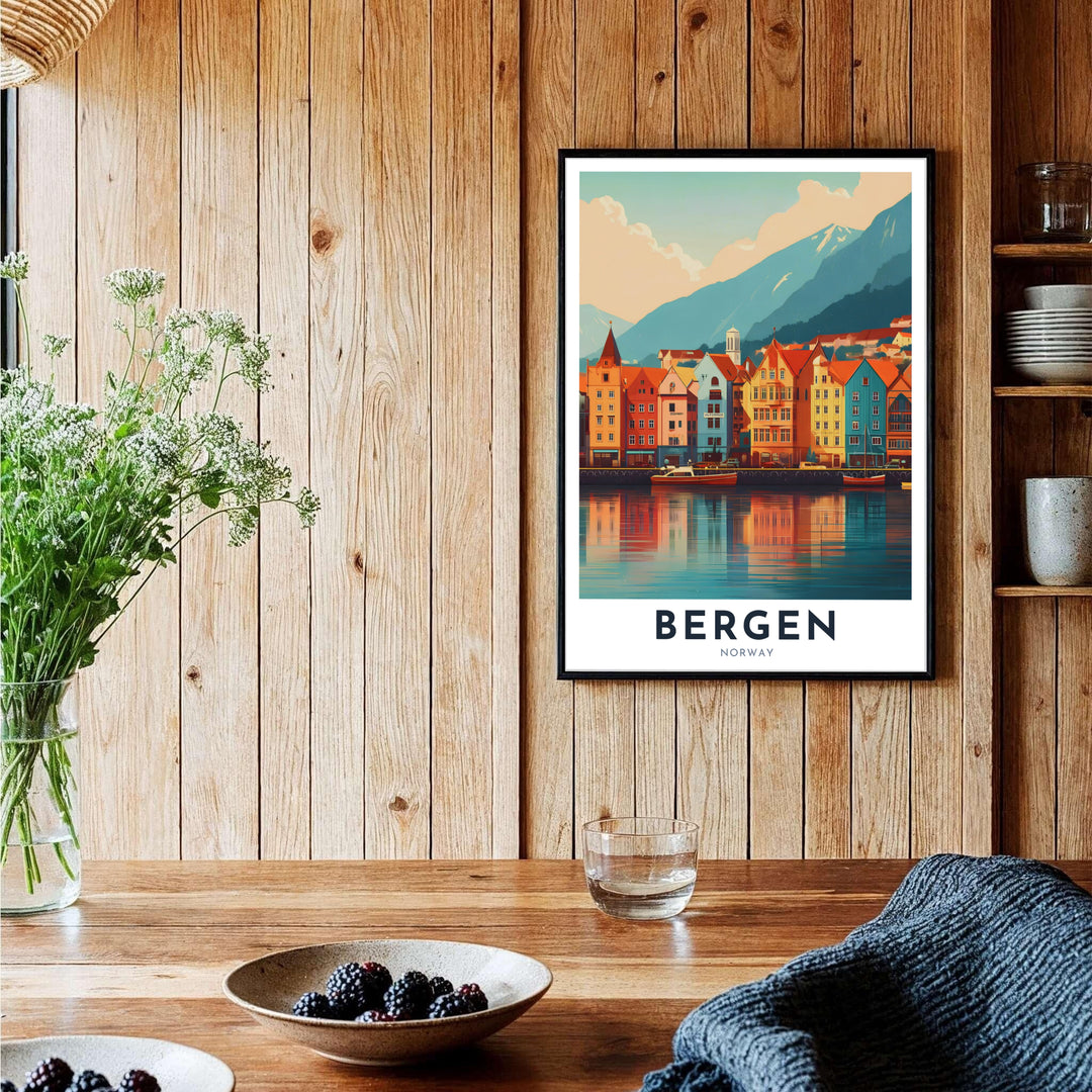 Minimalist Scandinavian travel poster featuring the famous Bryggen wooden wharf in Bergen Norway with bold typography and mountain backdrop. Perfect for minimalist home interiors, choose from framed presentation options, unframed fine art paper prints, or premium canvas wraps to complete your room decor layout.