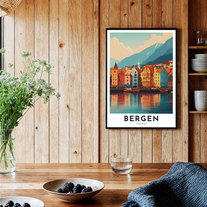 Minimalist Scandinavian travel poster featuring the famous Bryggen wooden wharf in Bergen Norway with bold typography and mountain backdrop. Perfect for minimalist home interiors, choose from framed presentation options, unframed fine art paper prints, or premium canvas wraps to complete your room decor layout.