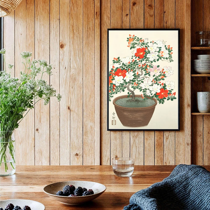 Elegant 1930s Japanese Shin-hanga botanical poster of Ohara Koson azalea artwork referencing Tokyo art history. Order custom framed, unframed paper, or textured canvas print options from MapYourDreams.