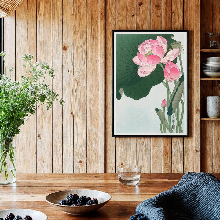 Elegant Japanese Shin-hanga botanical poster of Ohara Koson lotus artwork referencing Tokyo art history. Order custom framed, unframed paper, or textured canvas print options from MapYourDreams.