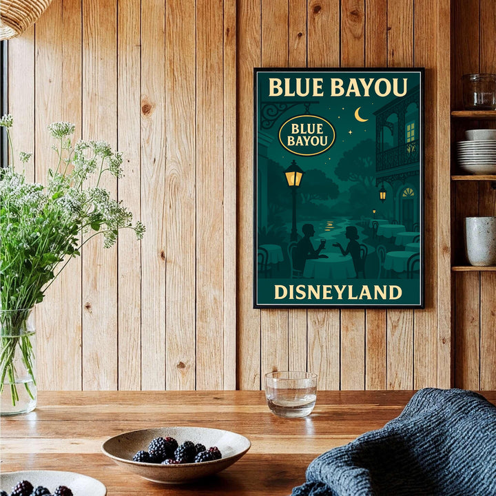 Artistic Disney venue poster capturing the nostalgic charm and nocturnal elegance of the Blue Bayou Restaurant in Anaheim Disneyland, available from MapYourDreams with catalog choices for an unframed archival poster, a stretched gallery canvas print, or a custom framed wall display.