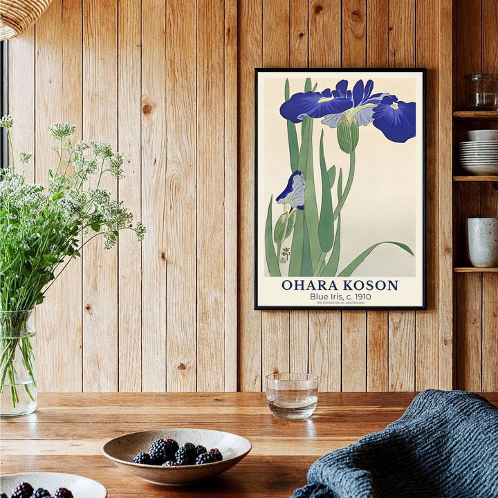 Elegant 1910 Japanese Shin-hanga botanical poster of Ohara Koson blue iris artwork referencing The Rijksmuseum, Amsterdam history. Order custom framed, unframed paper, or textured canvas print options from MapYourDreams.