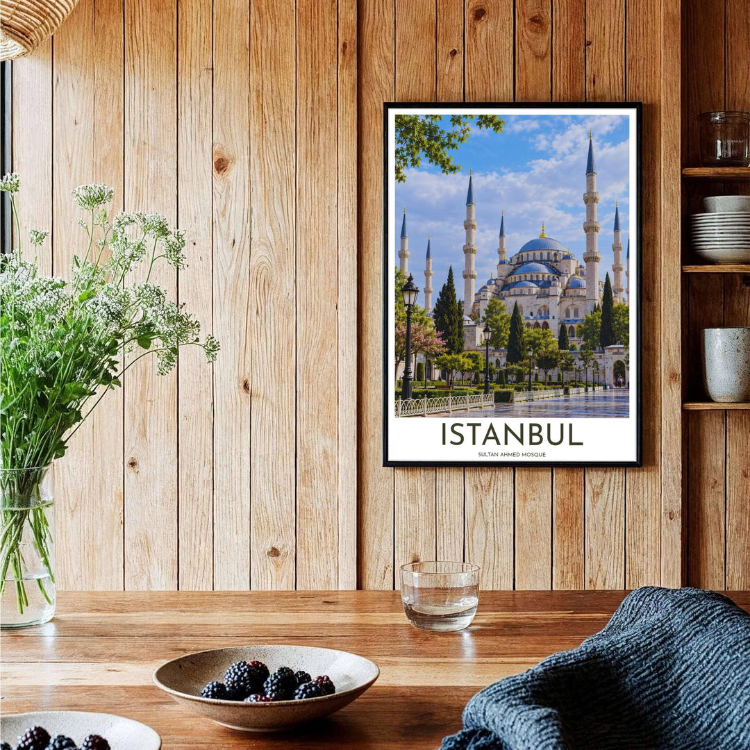 Turkey travel print showing Istanbul Blue Mosque in a crisp, vibrant architectural photography style. Handcrafted by MapYourDreams, this artwork is available in flexible options including unframed paper, custom wooden frames, and gallery canvas wraps for gallery wall displays.