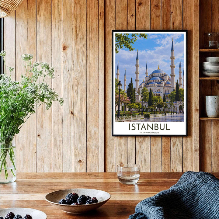 Turkey travel print showing Istanbul Blue Mosque in a crisp, vibrant architectural photography style. Handcrafted by MapYourDreams, this artwork is available in flexible options including unframed paper, custom wooden frames, and gallery canvas wraps for gallery wall displays.