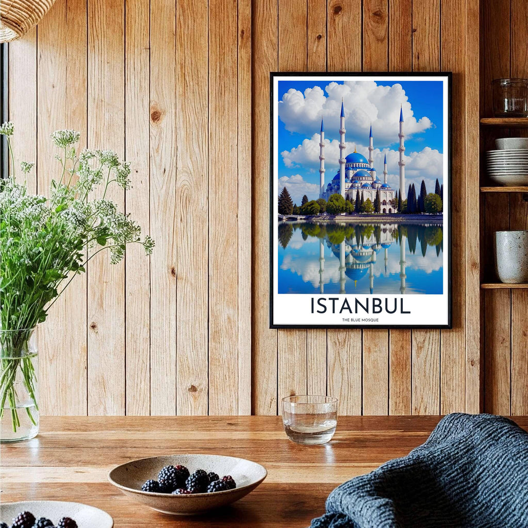 Symmetrical reflection print of historic Blue Mosque in Istanbul Turkey showing vibrant blue domes and sky. Curated by MapYourDreams, this artwork is available in flexible options including unframed paper, custom wooden frames, and gallery canvas wraps tailored for interior design.