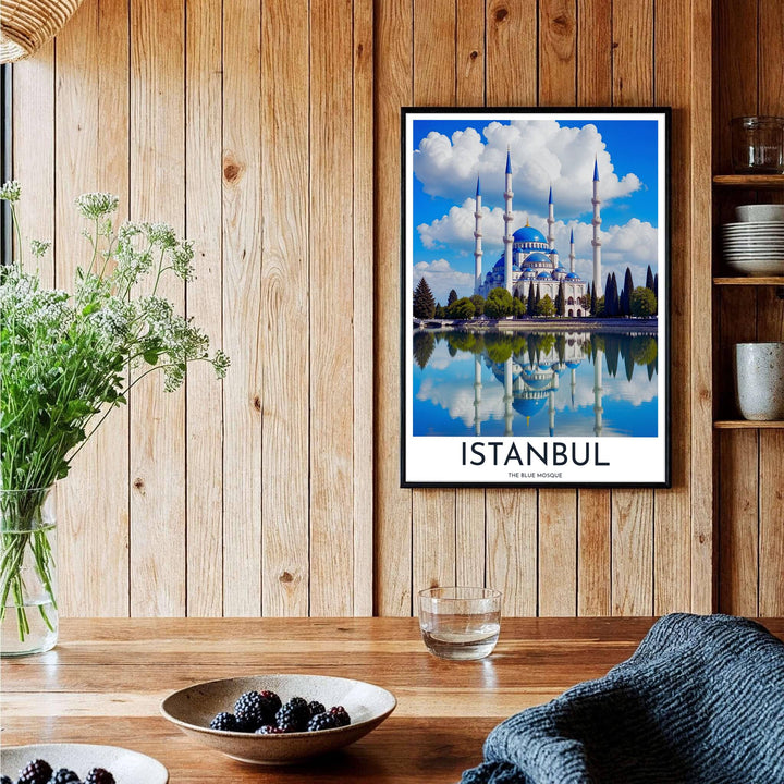 Symmetrical reflection print of historic Blue Mosque in Istanbul Turkey showing vibrant blue domes and sky. Curated by MapYourDreams, this artwork is available in flexible options including unframed paper, custom wooden frames, and gallery canvas wraps tailored for interior design.