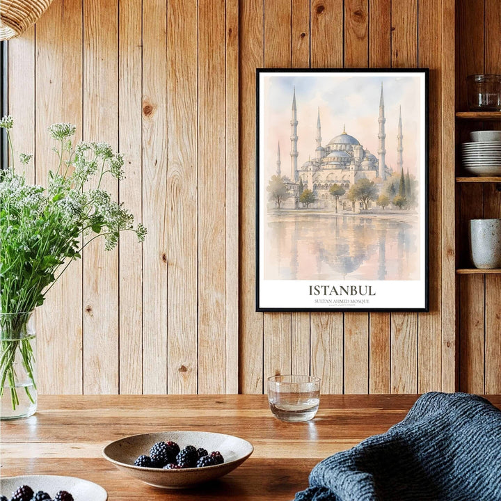 Ethereal reflection watercolor print of historic Blue Mosque in Istanbul Turkey showing delicate blue domes and sky. Curated by MapYourDreams, this artwork is available in flexible options including unframed paper, custom wooden frames, and gallery canvas wraps tailored for interior design.