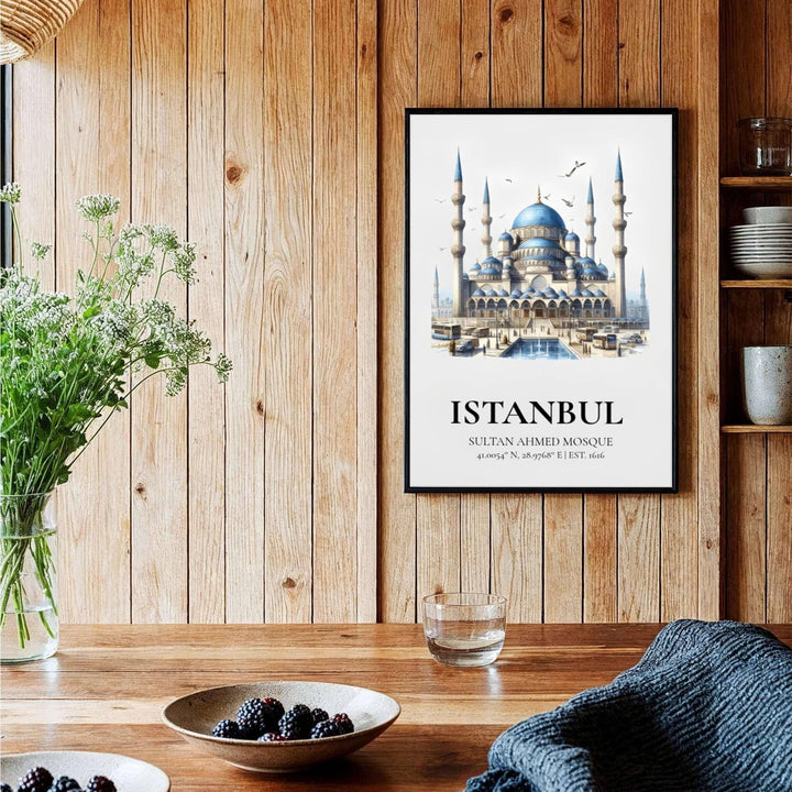 Symmetrical watercolor print of historic Blue Mosque in Istanbul Turkey showing vibrant blue domes and plaza pool. Curated by MapYourDreams, this artwork is available in flexible options including unframed paper, custom wooden frames, and gallery canvas wraps tailored for interior design.