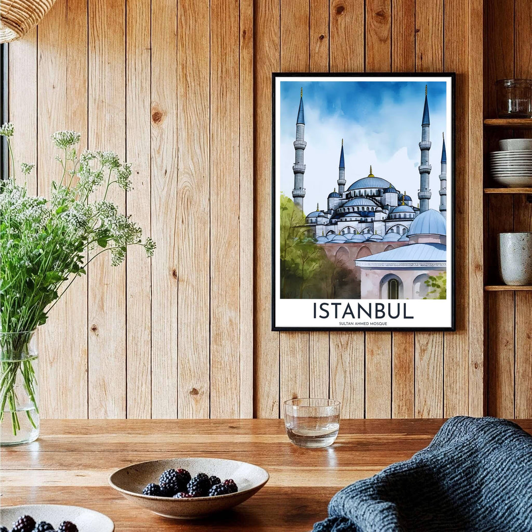 Turkey travel print showing Istanbul Blue Mosque in an elegant, expressive watercolor wash art style. Handcrafted by MapYourDreams, this artwork is available in flexible options including unframed paper, custom wooden frames, and gallery canvas wraps for gallery wall displays.