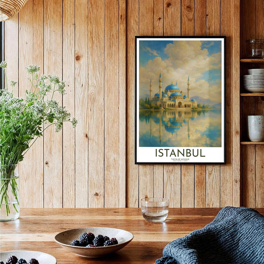 Symmetrical reflection oil painting print of historic Blue Mosque in Istanbul Turkey showing blue domes and mountain backdrop. Curated by MapYourDreams, this artwork is available in flexible options including unframed paper, custom wooden frames, and gallery canvas wraps tailored for interior design.