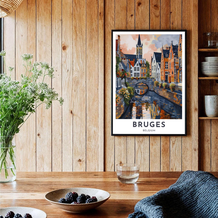 A vintage-inspired travel print highlighting the romantic canals and fairytale architecture of Bruges, Belgium, in rich textured brushwork. Offered by MapYourDreams, this artwork is available in flexible options including unframed paper, custom wooden frames, and gallery canvas wraps.