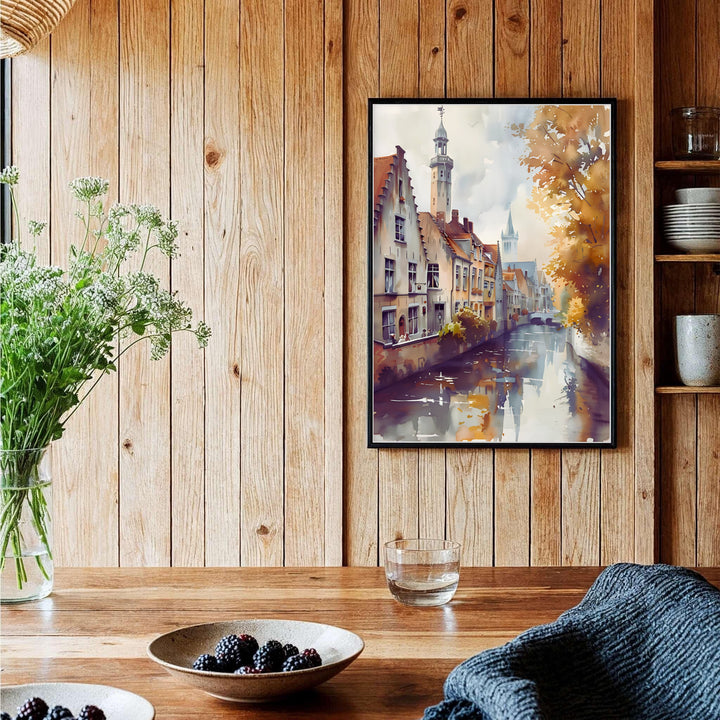 A vintage-style watercolor print highlighting the peaceful canals and autumn trees of Bruges, Belgium, in luminous translucent tones. Offered by MapYourDreams, this artwork is available in flexible options including unframed paper, custom wooden frames, and gallery canvas wraps.