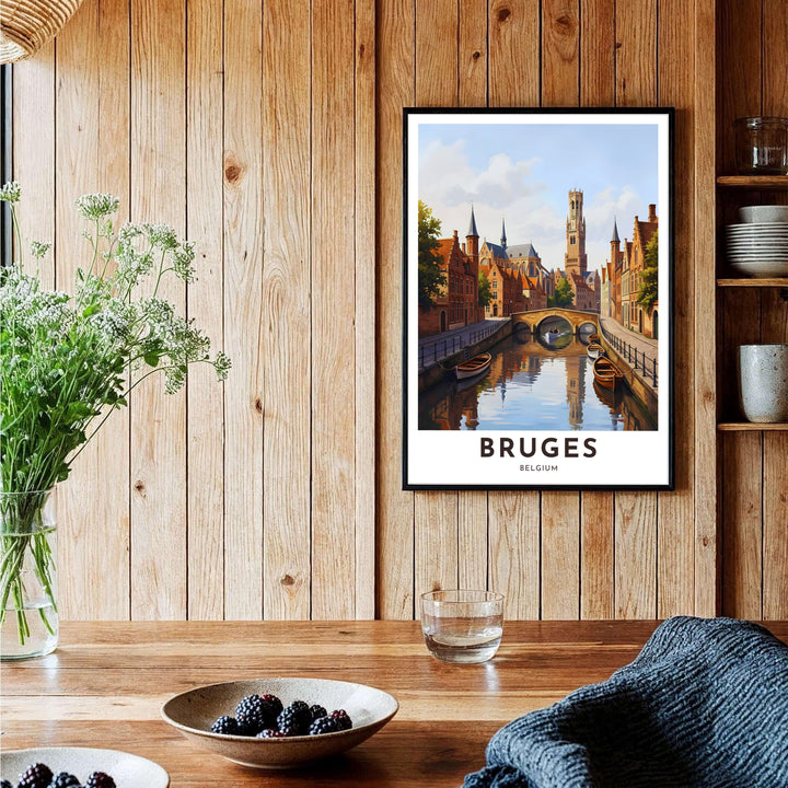 A modern illustrated print highlighting the famous Belfry of Bruges and scenic canal waterways of Belgium in vivid sun-baked colors. Offered by MapYourDreams, this artwork is available in flexible options including unframed paper, custom wooden frames, and gallery canvas wraps.