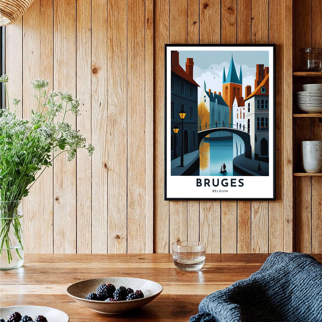 A high-contrast graphic print depicting water reflections and gabled townhouses in Bruges, Belgium, finished with crisp modern title typography. Choose your preferred finish from standalone unframed matte paper, custom decorative frames, or ready-to-hang gallery canvas options.