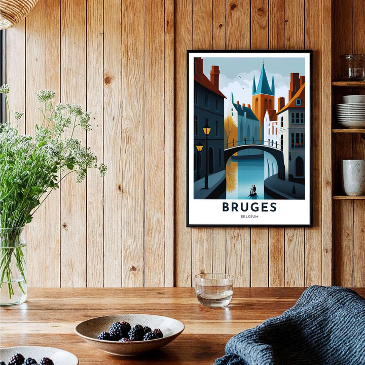 A high-contrast graphic print depicting water reflections and gabled townhouses in Bruges, Belgium, finished with crisp modern title typography. Choose your preferred finish from standalone unframed matte paper, custom decorative frames, or ready-to-hang gallery canvas options.