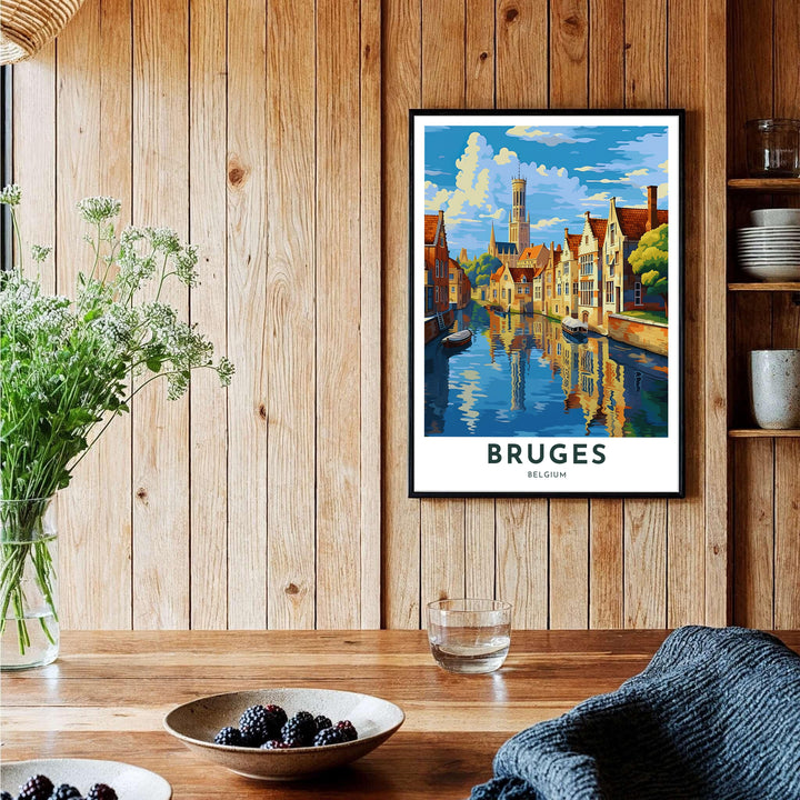 A modern illustrated print highlighting the famous Belfry of Bruges and scenic canal waterways of Belgium in bold, saturated sunlit colors. Offered by MapYourDreams, this artwork is available in flexible options including unframed paper, custom wooden frames, and gallery canvas wraps.
