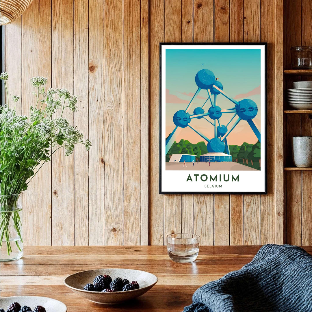 A high-contrast graphic print of the famous Atomium in Brussels, Belgium, capturing its giant steel spheres and structural tubes in a cool cyan palette. Choose your preferred finish from standalone unframed matte paper, custom decorative frames, or ready-to-hang gallery canvas options.