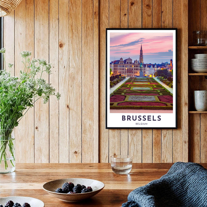 A stunning travel poster showing the sunset panorama over the historic Mont des Arts garden in Brussels, Belgium, with clean text reading Brussels Belgium. Offered by MapYourDreams, this artwork is available in flexible options including unframed paper, custom wooden frames, and gallery canvas wraps.