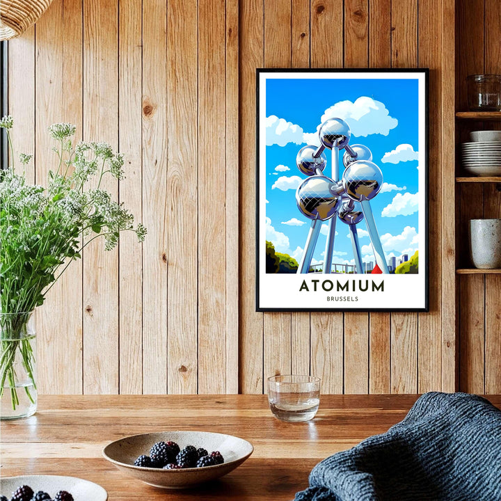 A bright travel poster depicting the silver spheres of the Atomium in Brussels, Belgium, with bold text reading Atomium Brussels. Offered by MapYourDreams, this artwork is available in flexible options including unframed paper, custom wooden frames, and gallery canvas wraps.