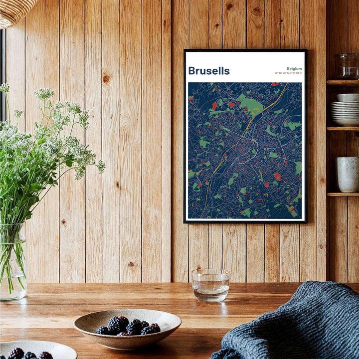 Modern map poster showing the street pathways and green spaces of Brussels, Belgium, with title text reading Brussels Belgium. Offered by MapYourDreams, this artwork is available in flexible options including unframed paper, custom wooden frames, and gallery canvas wraps.