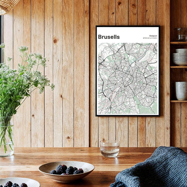 Refined street map artwork depicting the capital city of Brussels, Belgium, rendered in a light green minimalist style. Choose your preferred finish from standalone unframed matte paper, custom decorative frames, or ready-to-hang gallery canvas options.
