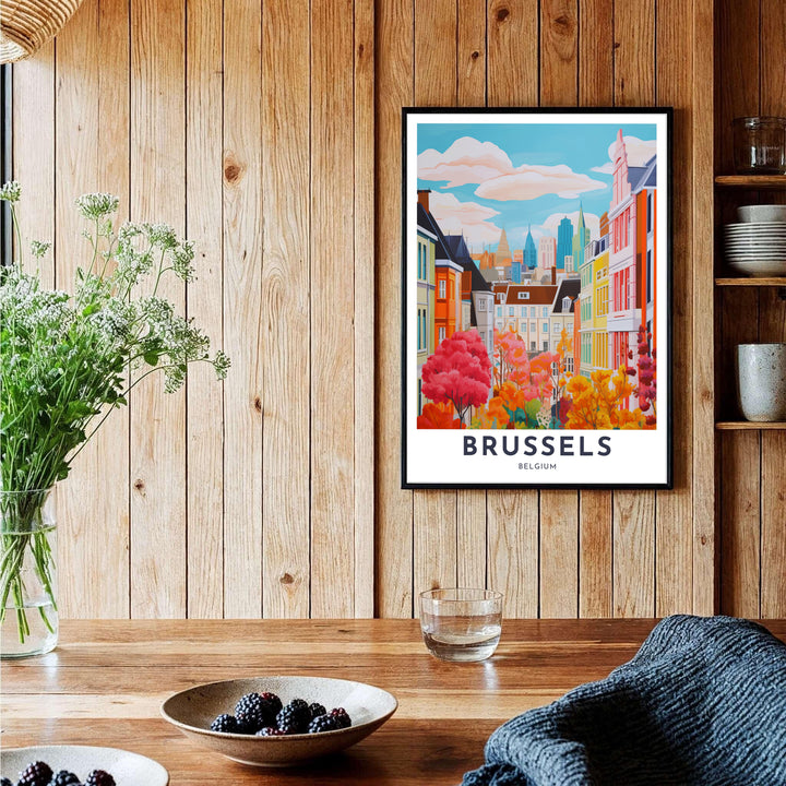 Beautiful architectural art print showing the gabled roofs, city towers, and crimson autumn foliage of Brussels, Belgium. Offered by MapYourDreams, this artwork is available in flexible options including unframed paper, custom wooden frames, and gallery canvas wraps.
